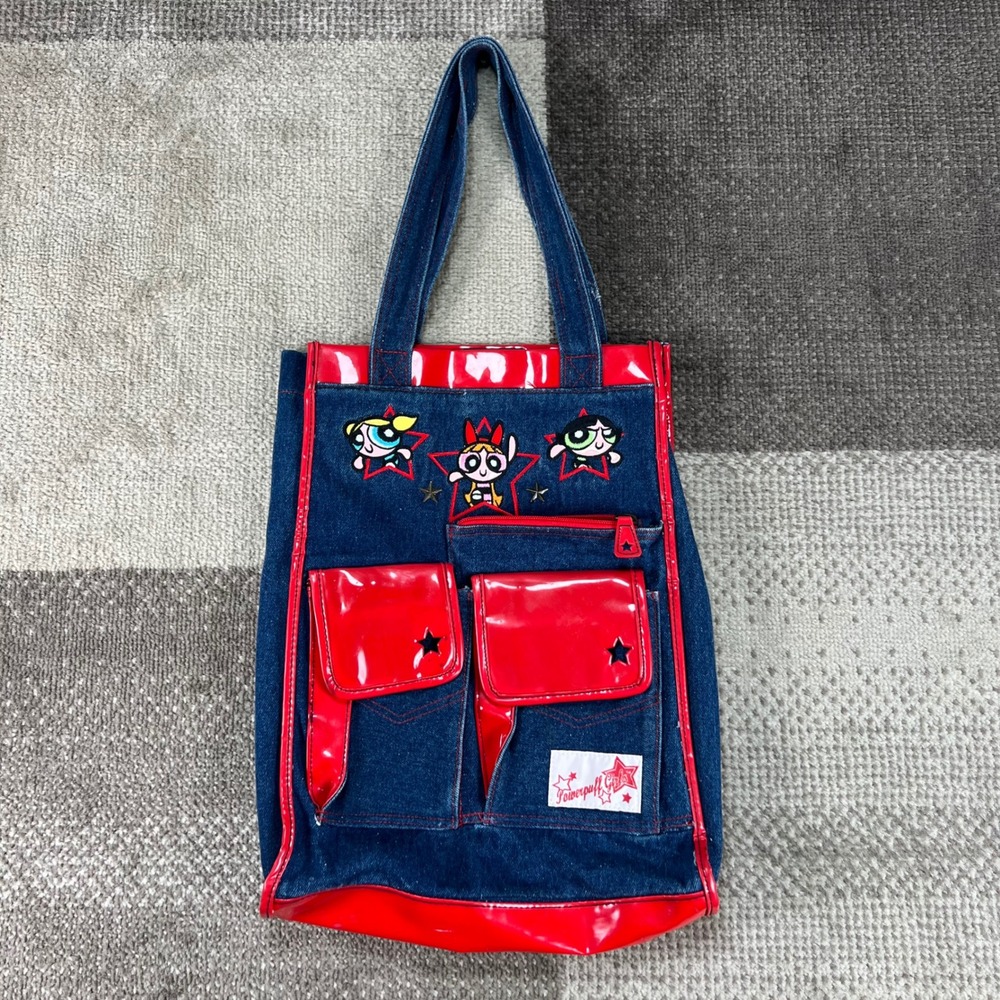 Vintage Powerpuff Girls Denim Tote Bag Red Patent‎ Trim Cartoon Network Y2K Kids